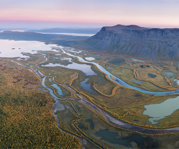 Panoramic view over Rapadalen from summit of Skierfe, Sarek National Park, Lapland, Sweden.
